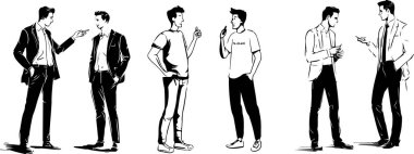 Bu koleksiyon, erkeklerin etkileşimlerinin ve gelişigüzel tarzının özünü çeşitli sohbet pozlarındaki siyah-beyaz erkek siluetleriyle yakalar, modern moda ve sosyal bağlılığı vurgular..