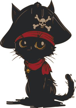 Bu büyüleyici illüstrasyonda korsan gibi giyinmiş bir kara kedi, kafatası ve çapraz kemikli bir şapka ve açık deniz macerasına hazır haylaz bir ifade yer alıyor..