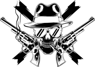 Tek renkli kafatası fötr şapka ve güneş gözlüğü takıyor sigara içiyor, çapraz tabancalar ve arkasında koyu bir pankart var, keskin tasarımlar için çarpıcı ve çarpıcı bir grafik oluşturuyor..