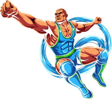 Kaslı adam, dinamik su elementleri, spor veya fitness pazarlama için ideal vektör illüstrasyonu olarak tasarlanmış mavi ve yeşil spor kıyafetiyle ileri doğru atlıyor..