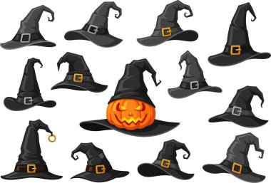 Çeşitli karikatür tarzı siyah cadı şapkaları, şapka takan turuncu bir balkabağının etrafını sarar. Bayram temalı tasarımlar ve arka planlar için harika bir Cadılar Bayramı düzenlemesi yaratır..