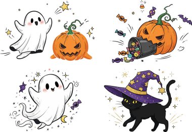 Tatlı hayaletler, turuncu balkabakları, şekerler ve cadı şapkası takan siyah bir kedinin yer aldığı Cadılar Bayramı çizgi filmi tatil temalı tasarımlar ve çocuk içeriği için mükemmeldir..