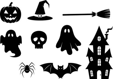 Cadılar Bayramı simgelerinin siyah siluetleri, balkabağı, hayalet, yarasa, cadı şapkası ve perili ev beyaz üzerine izole edilir ve tatil promosyonları için uygun ürkütücü, grafik tasarım unsuru yaratır..