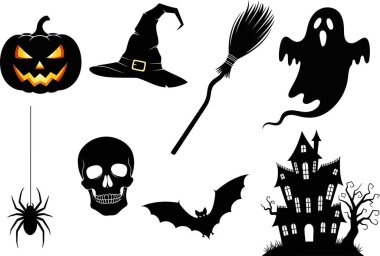 Cadılar Bayramı elementlerinin siyah siluetleri, balkabağı, hayalet, örümcek, kafatası, perili ev ve cadı şapkası gibi. Ürkütücü ve eğlenceli grafikler yaratıyor. Tatil temalı tasarımlar ve arka planlar için mükemmel..