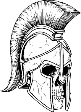 Tüylü başlık takan ayrıntılı kafatası yüksek kontrastlı çizgi sanat tarzında sunulmakta olup, grafik tasarımı ve tarihi projeler için uygun antik savaş ve karanlık tarih hissini taşımaktadır..