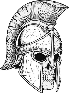 Spartalı bir kask takan tek renkli kafatası tasarımı ayrıntılı çizim ve gölgeleme ile çizilir, grafik tasarım ve dövme sanatında dramatik ve tarihi bir duygu yaratır..