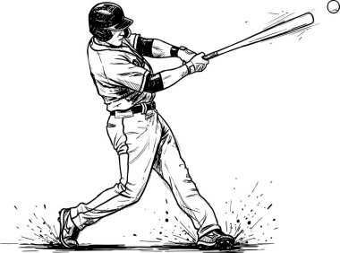 Kask sallayan beyzbol oyuncusu beyzbol sopasıyla topa dokunuyor. Siyah mürekkep ve beyaz arkaplanlı, spor temalı grafikler ve pazarlama için mükemmel bir el çizimi resimle topa temas ediyor..