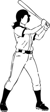 Beyzbol formalı bir kadın, siyah-beyaz çizim tarzıyla hazırlanmış, spor takımının grafikleri veya atletik temalı tasarım projeleri için ideal..