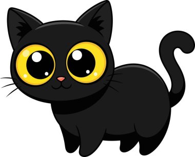 Animasyon siyah kedi, büyük sarı gözleri ve kıvrık kuyruğuyla temiz beyaz bir arka plana karşı ayakta duruyor ve çocuk resimleri veya eğlenceli tasarımlar için sevimli ve kaprisli bir imaj yaratıyor..