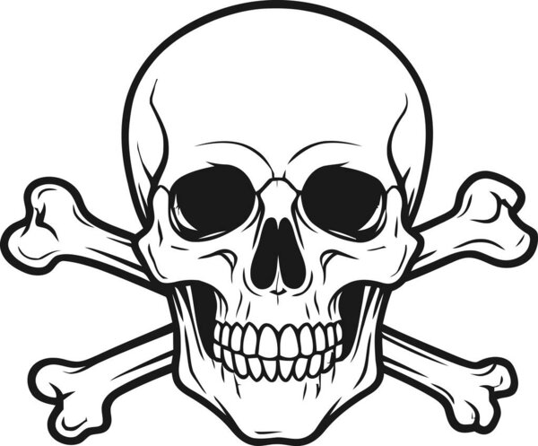 Монохромный череп со скрещенными костями иллюстрации особенности смелые очертания и резкий контраст на белом фоне, создавая поразительную графику подходит для различных проектов и тематических.