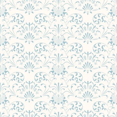 Etnik Düzen. Kusursuz Vektör Süslemesi. Süslü motifler. Geleneksel etnik tarzda kusursuz bir düzen. Çiçekler. Mavi, beyaz arka plan. Duvar kağıdı, yabani ot daveti