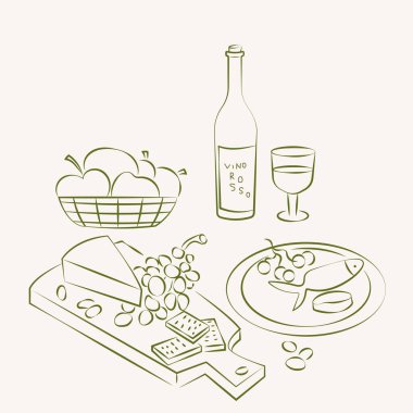 Hand drawn still life with wine, grape and cheese vector. Sketch of cozy Italian or french cuisine. Sketch