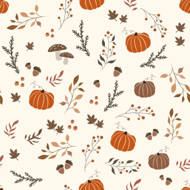 Rengarenk sonbahar, yaprakları, meyveleri, balkabakları ve yaprakları olan dikişsiz doğal sonbahar deseni. Kusursuz bir geçmişi var. Kasım.