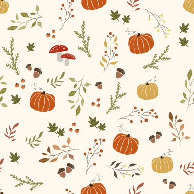 Rengarenk sonbahar, yaprakları, meyveleri, balkabakları ve yaprakları olan dikişsiz doğal sonbahar deseni. Kusursuz bir geçmişi var. Kasım.