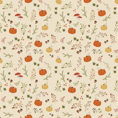 Rengarenk sonbahar, yaprakları, meyveleri, balkabakları ve yaprakları olan dikişsiz doğal sonbahar deseni. Kusursuz bir geçmişi var. Kasım.