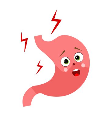  Yüzü olan bir mide. Mide hastalıkları konsepti. Gastrit, ülser. Vektör illüstrasyonu