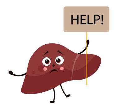 Yüzü olan karaciğer. Karaciğer hastalığı konsepti. Siroz, hepatit, steatoz. Vektör illüstrasyonu