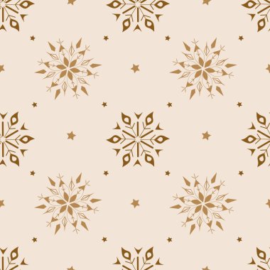 Bej arka planda altın kar taneleri olan kusursuz bir desen. Vektör illüstrasyonu