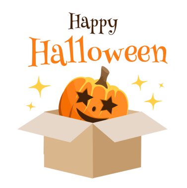 Balkabağı kutudan fırlıyor. Mutlu Cadılar Bayramı. Tebrik kartı. Vektör illüstrasyonu