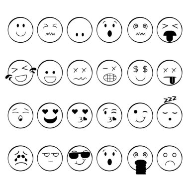 Black and White Emoji Faces Icons. Hand Drawn Doodle Emoticons Vector Illustration
