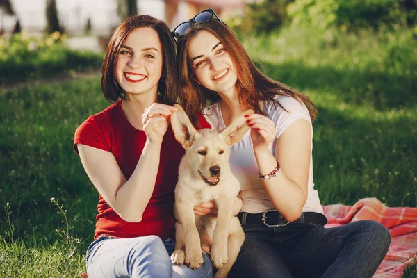 Дівчата з собакою — стокове фото
