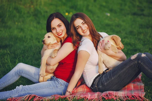Девушки с собакой — стоковое фото