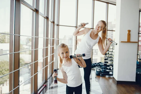 Mom Daughter Doing Yoga Family Gym Little Girl Mother White — Stock Photo, Image