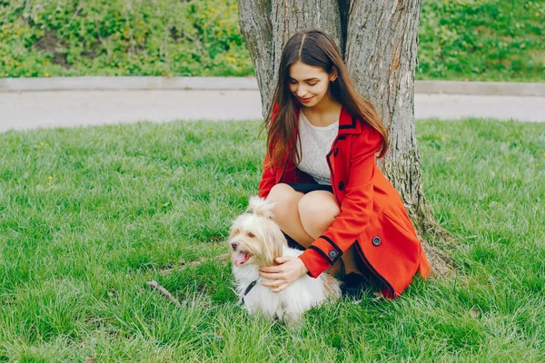 Het meisje wandelingen in het park met haar hond — Stockfoto