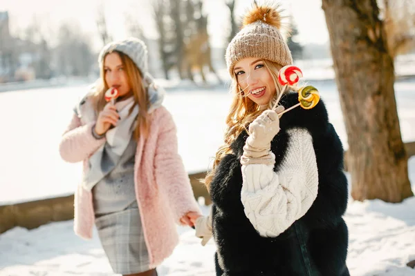 Duas Meninas Jovens Elegantes Roupa Inverno Estão Andando Parque Solar — Fotografia de Stock