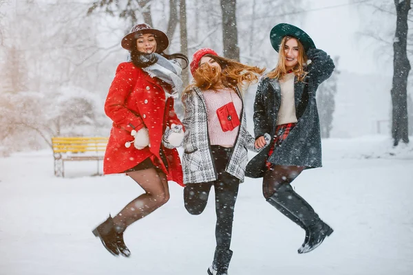 Tre Ragazze Eleganti Eleganti Che Passeggiano Parco Invernale — Foto Stock