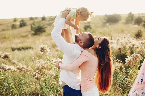 Cute Family Field Beautyful Mother Her Little Daughter Hundsome Man — Stock Photo, Image