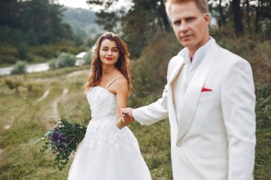 Güzel düğün çifti bir yaz alanında