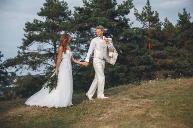 Güzel düğün çifti bir yaz alanında