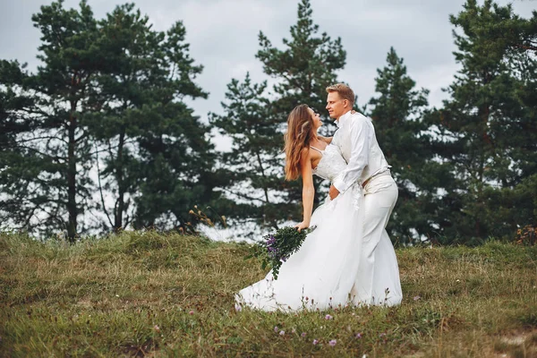 Красивая свадебная пара в летнем поле — стоковое фото