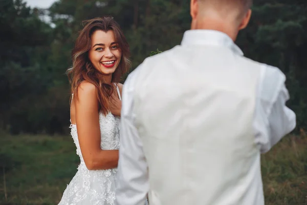 Beau couple de mariage dans un champ d'été — Photo