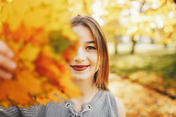 Bir sonbahar parkta sevimli kız — Stok fotoğraf