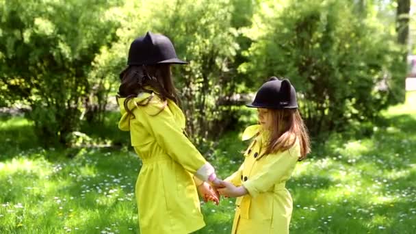 Dos hermanas jugando juntas en el parque — Vídeo de stock