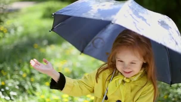 Mladá dívka drží deštník a hraje si v dešti — Stock video