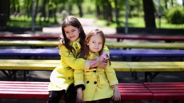 Dos hermanas jugando juntas en el parque — Vídeo de stock