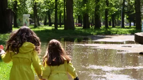 Två flickor som leker och springer genom vattenpölar i parken — Stockvideo