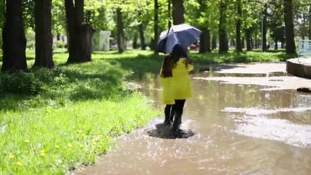 Två flickor som leker och springer genom vattenpölar i parken — Stockvideo