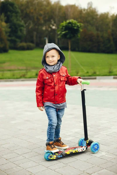 Bir parkta bir çim üzerinde oynayan sevimli çocuk