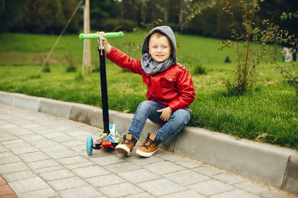 Милый ребенок в парке играет на траве — стоковое фото