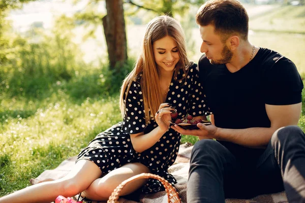 Hermosa pareja pasar tiempo en un campo de verano —  Fotos de Stock