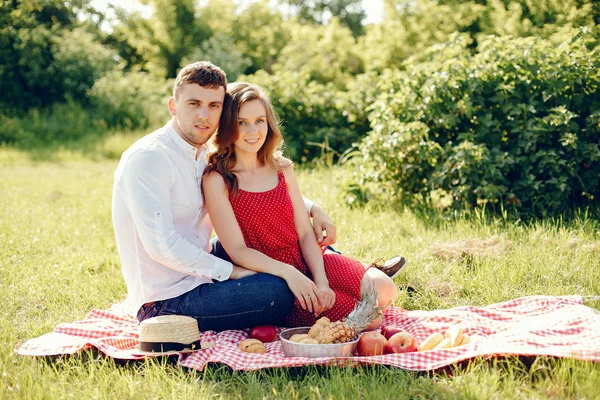 Hermosa pareja pasar tiempo en un campo de verano —  Fotos de Stock