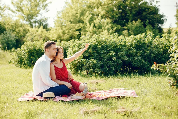 Belo casal passar o tempo em um campo de verão — Fotografia de Stock