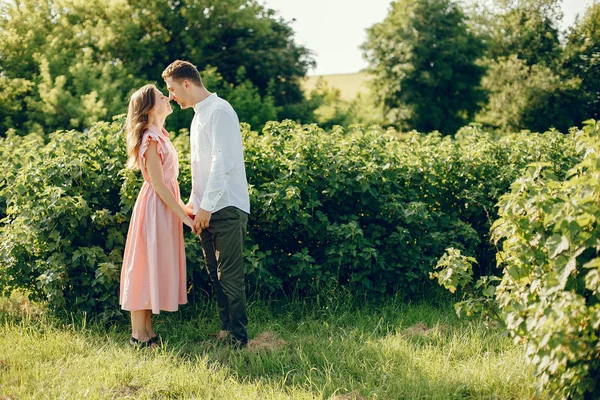 Belo casal passar o tempo em um campo de verão — Fotografia de Stock