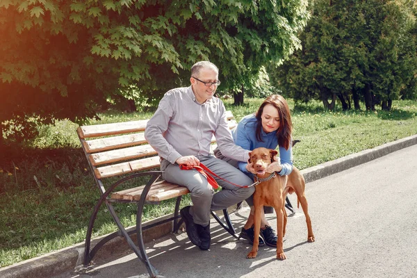 Hermosa pareja en un bosque de verano con perros — Foto de Stock