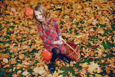 Sonbahar parkında küçük şirin bir kız.