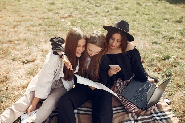 Drie studenten zitten op een gras met laptop — Stockfoto